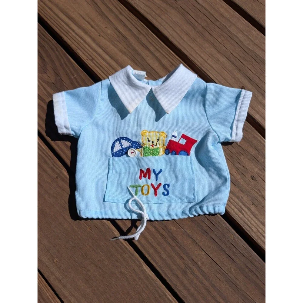 Vintage 1980s Baby Blue Collar Shirt  MY TOYS embroidered Teddy Bear Cars 12 M